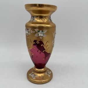 Vintage Czech Ruby Red Bohemia Glass Gold Floral Vase